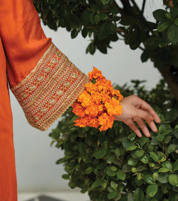 Zarqa Ember-Silk Embroidered Suit
