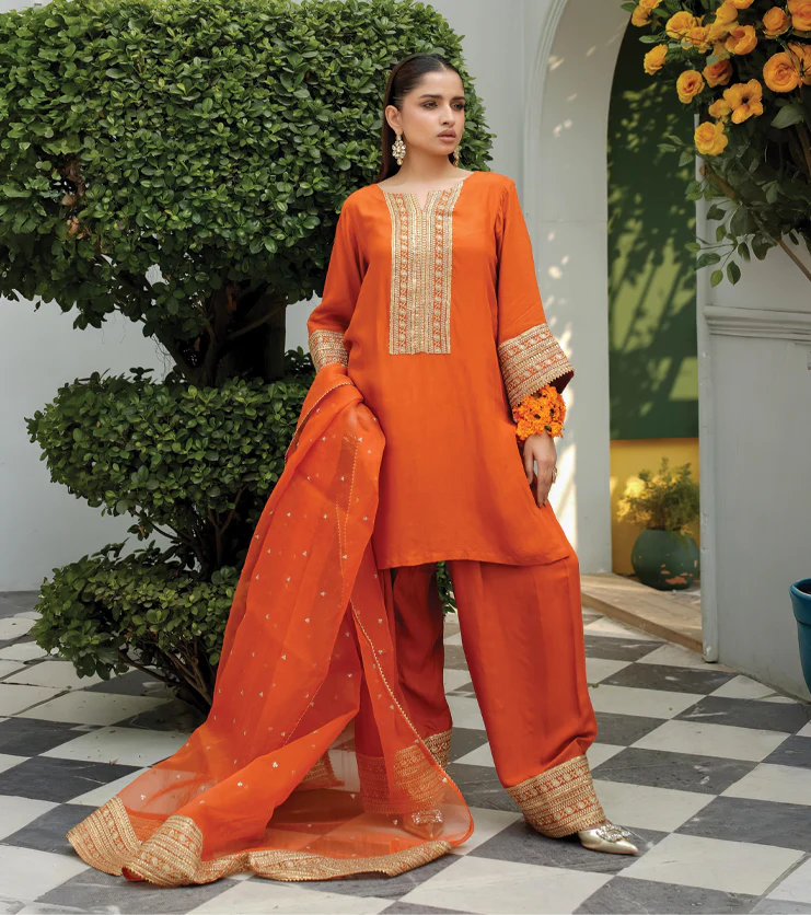 Zarqa Ember-Silk Embroidered Suit
