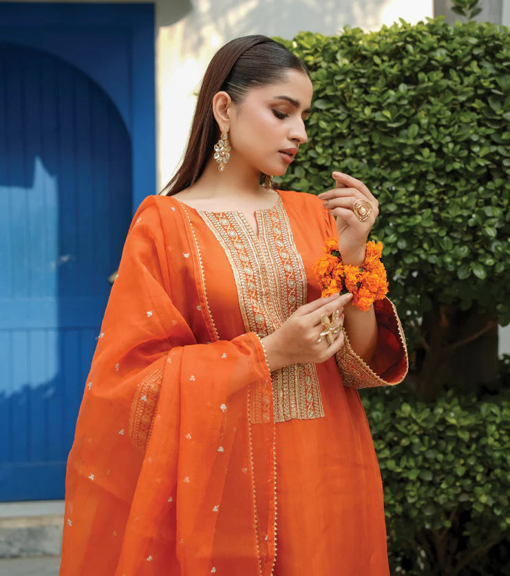 Zarqa Ember-Silk Embroidered Suit